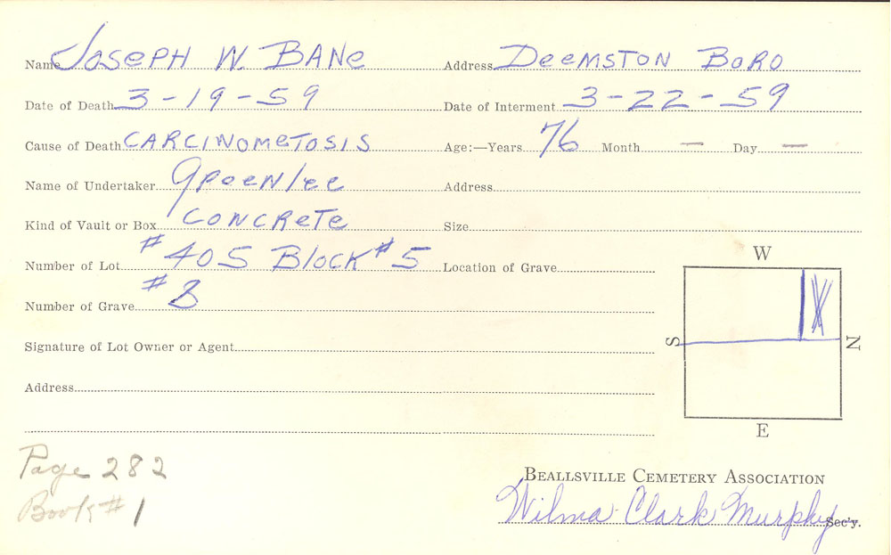 Joseph W. Bane burial card